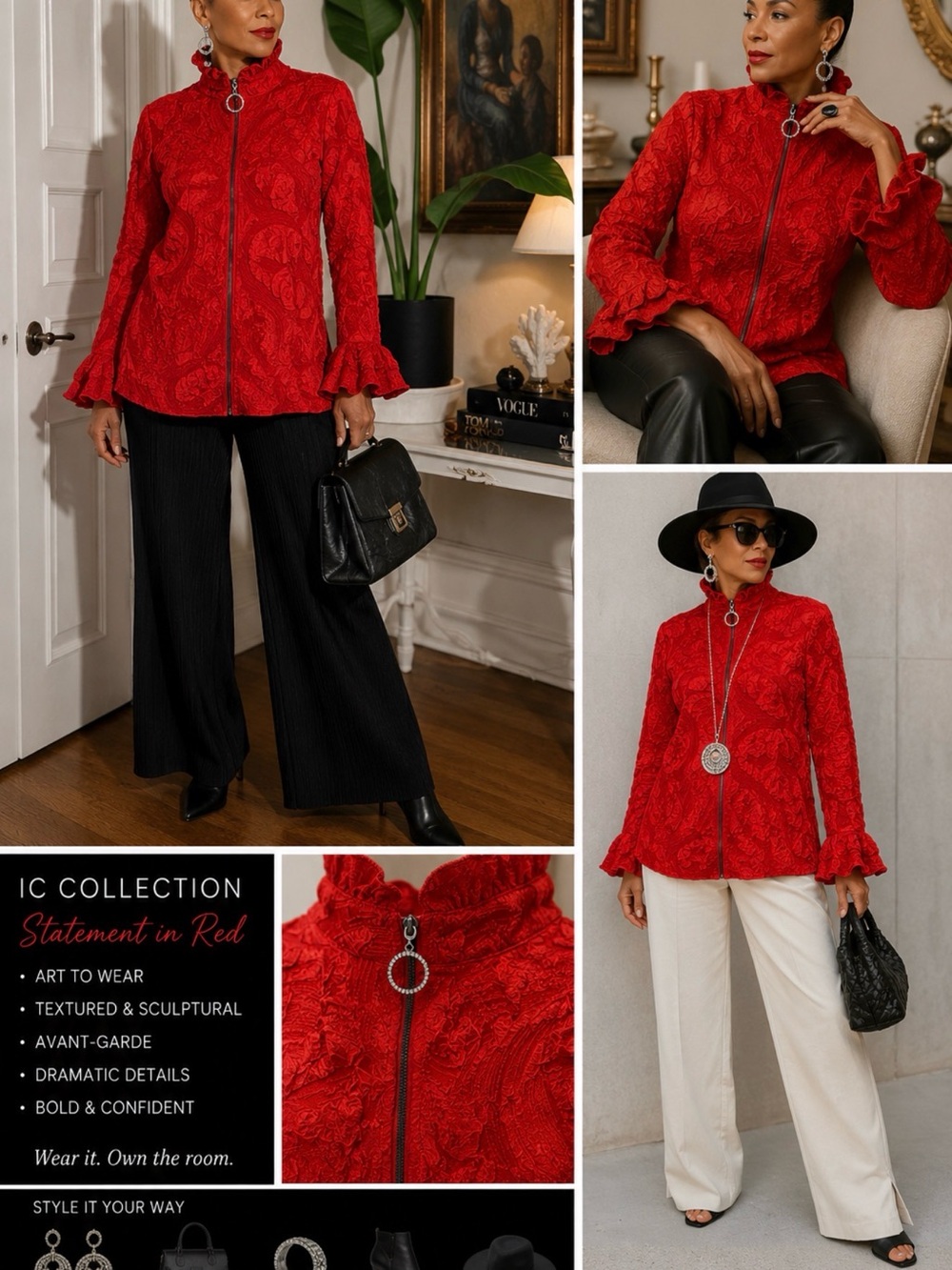 IC COLLECTION Boho Red Textured Zip-Front Jacket with Ruffled Cuffs Lagenlook